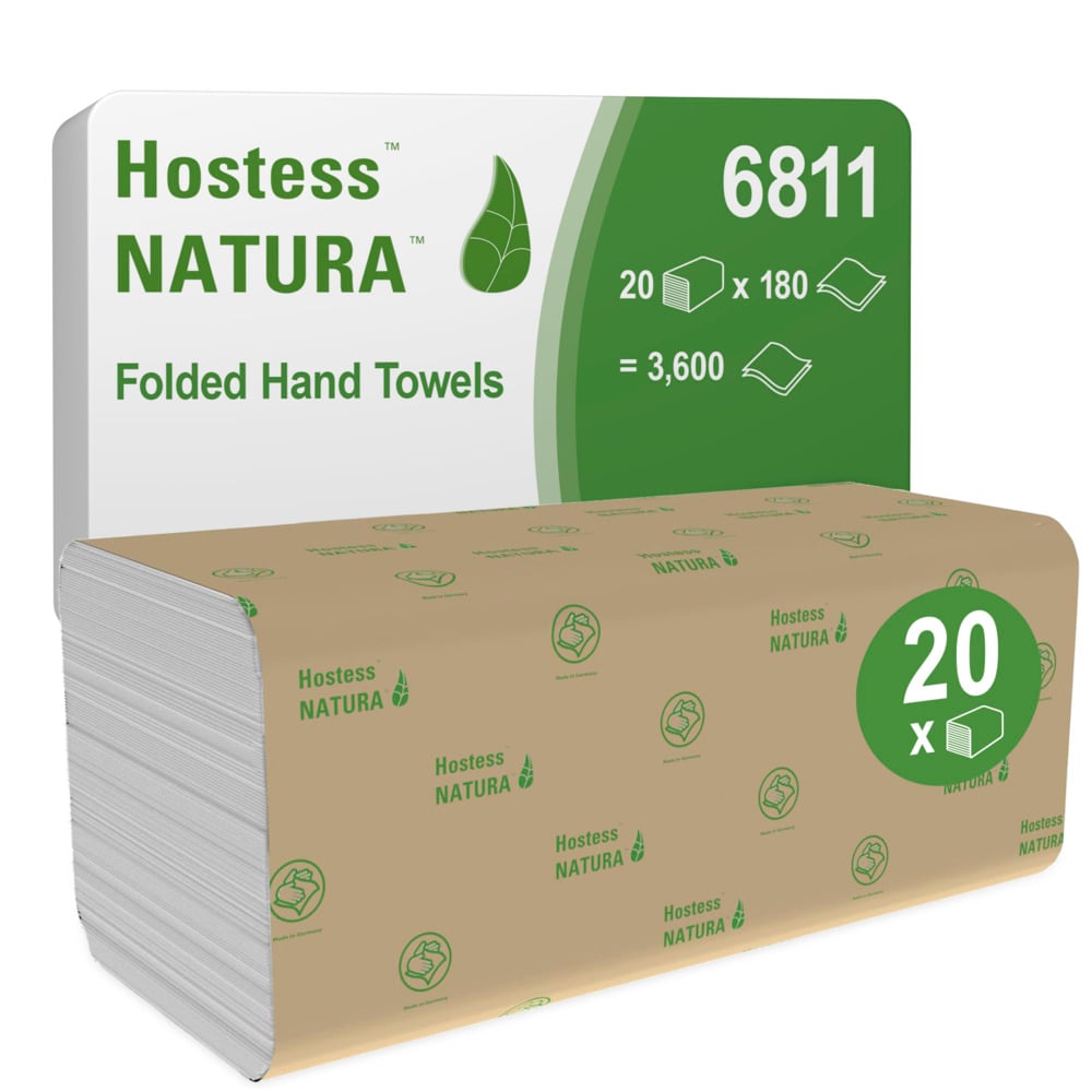 Een verpakking Hostess™ NATURA™ handdoeken - zigzagvouw (23x25 cm) van Kimberly-Clark GmbH, productnummer 6811, bevat 20 verpakkingen met elk 180 milieuvriendelijke handdoeken (totaal: 3.600), verpakt in bruin met groene opdruk.
