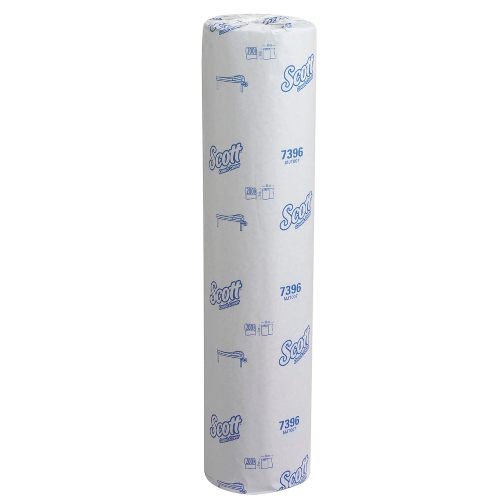Een Scott® artsenrol (38,00 cm x 51,00 cm) van Kimberly-Clark GmbH staat rechtop voor een witte achtergrond, in merkverpakking met blauwe tekst en illustraties - ideaal voor hygiënische patiëntenzorg.