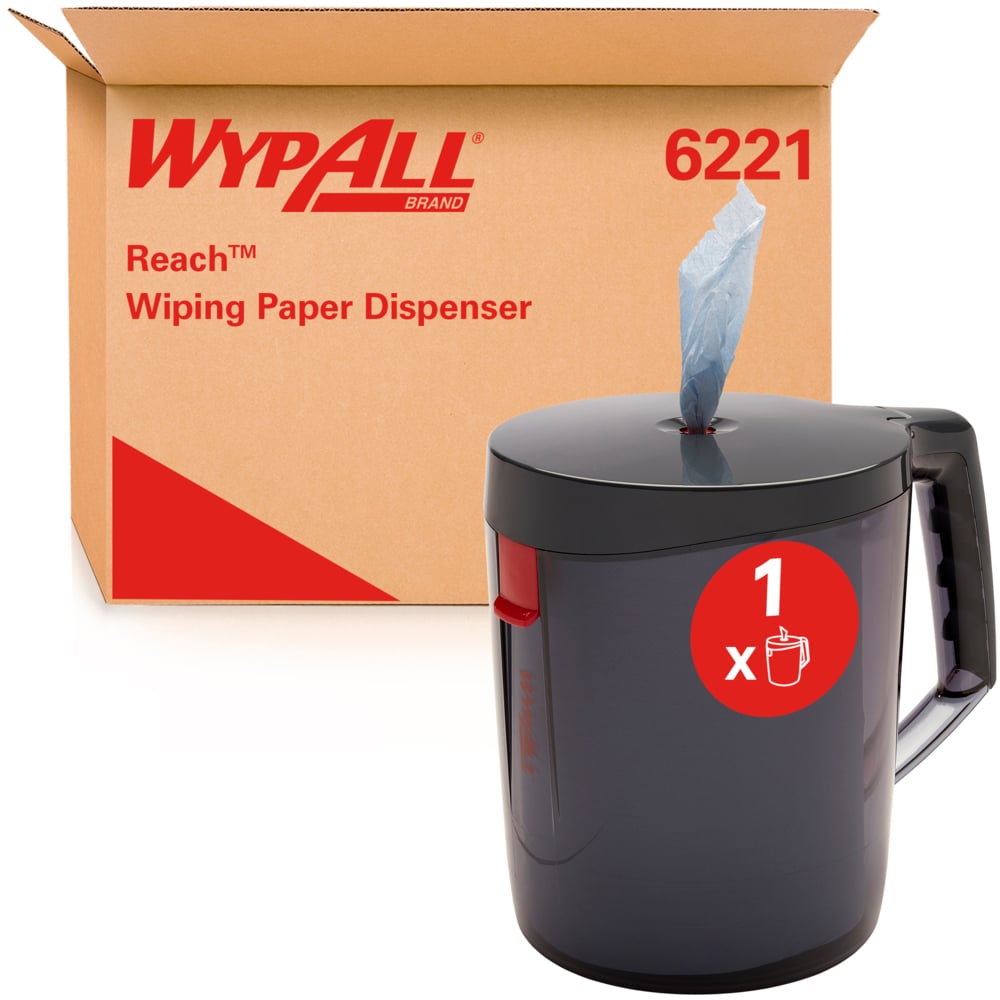 Ein WypAll® Reach™ Centrefeed Dispenser - Schwarz von Kimberly-Clark GmbH mit Griff und einem herausragenden Tuch steht vor einem Karton mit "6221"-Aufdruck, ideal für den professionellen Einsatz.