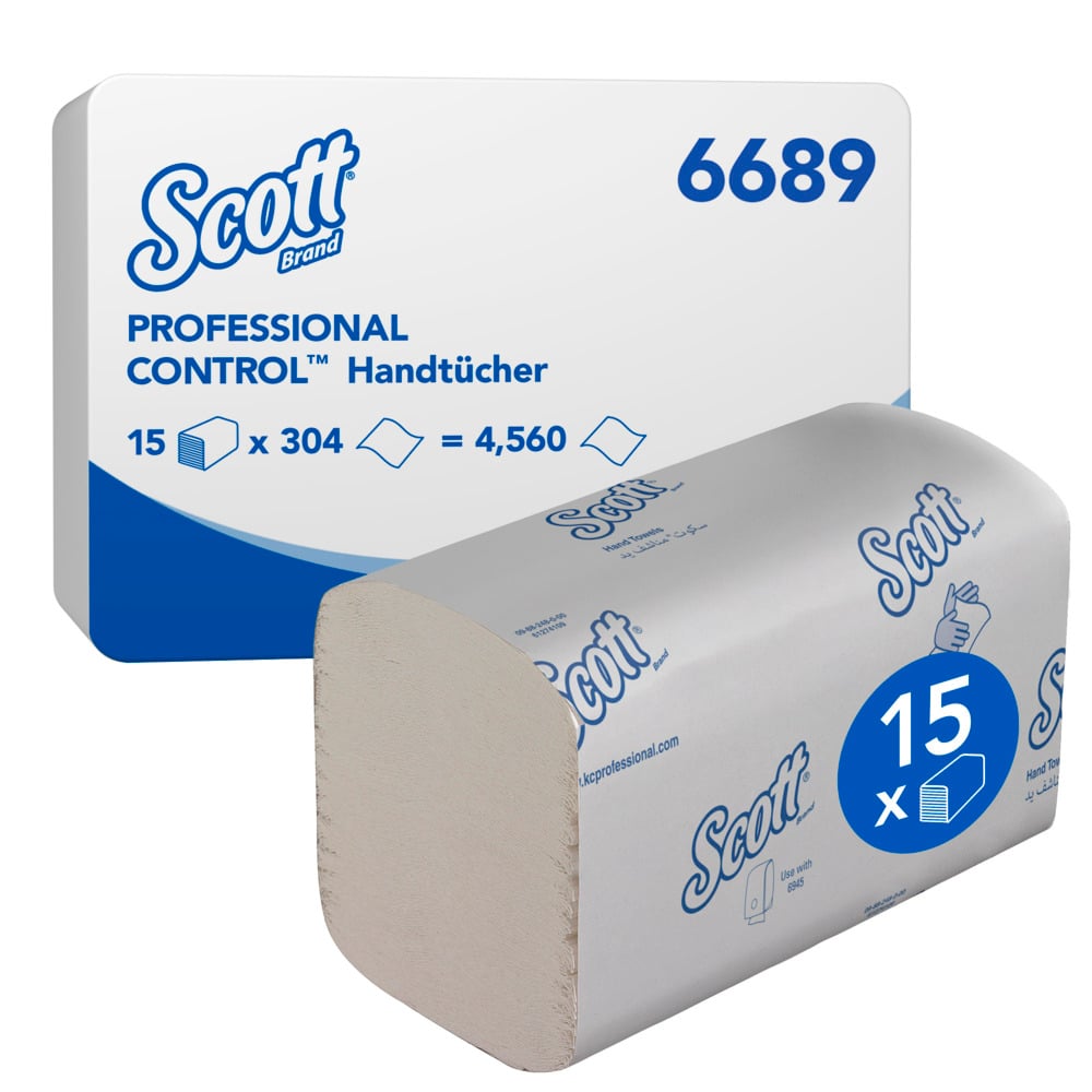 Een doos Scott® Control™ Interfold Handdoeken van Kimberly-Clark GmbH, Wit, 15 clips x 304 vellen (4.560 in totaal), komt in een wit-blauwe verpakking met het opschrift "6689" voor efficiënt handen drogen.