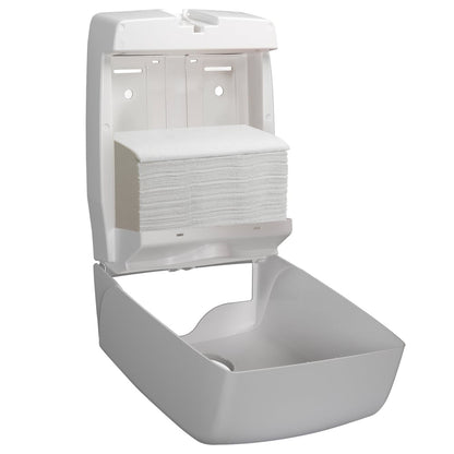 Een witte Scott® Control™ Interfold Handdoekdispenser van Kimberly-Clark GmbH is geopend en toont netjes gerangschikte, gebruiksklare handdoeken. De bovenklep wordt opgetild en geeft zicht op 15 verpakkingen met 304 vellen voor efficiënt handen drogen.