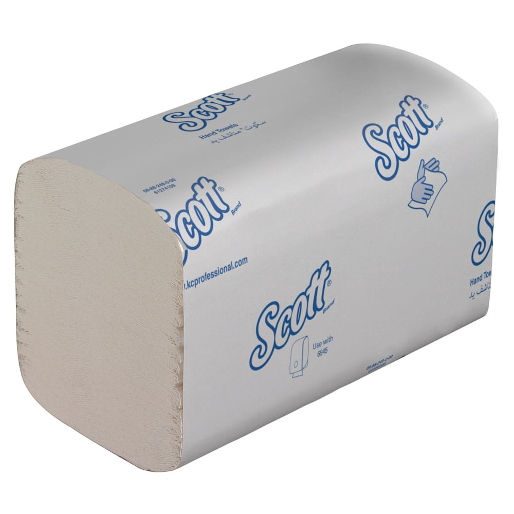 Een stapel gevouwen Scott® Control™ Handdoeken in witte verpakkingen, geëtiketteerd met blauwe tekst en symbolen voor handen drogen. Elke doos bevat 15 kleine verpakkingen (elk 304 vellen) van Kimberly-Clark GmbH.