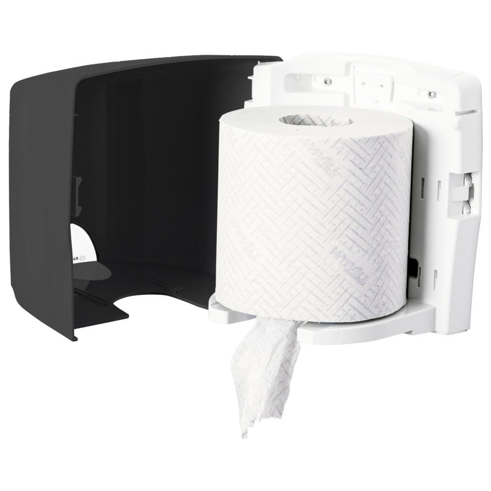 De Kimberly-Clark GmbH Aquarius™ doekjesdispenser - Roll Control in grijs is een wandgemonteerde dispenser met open zwarte afdekking, uitgerust met het Roll Control systeem voor een schone, afgewerkte uitgifte - ideaal voor professioneel gebruik.