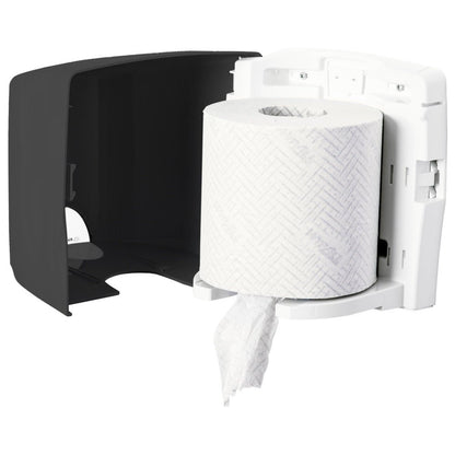 De Kimberly-Clark GmbH Aquarius™ doekjesdispenser - Roll Control in grijs is een wandgemonteerde dispenser met open zwarte afdekking, uitgerust met het Roll Control systeem voor een schone, afgewerkte uitgifte - ideaal voor professioneel gebruik.