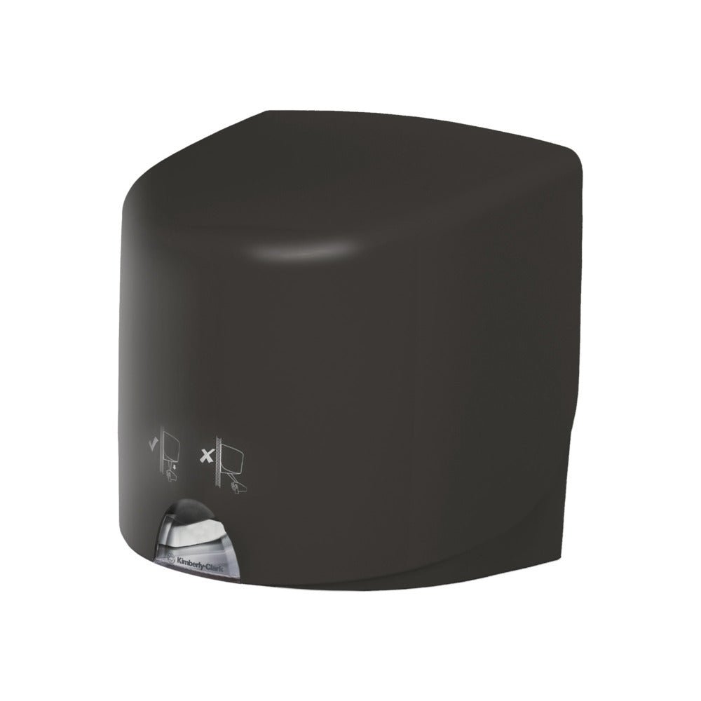 Een grijze Aquarius™ doekjesdispenser - Roll Control van Kimberly-Clark GmbH staat voor een witte achtergrond, met een klein venster met zichtbaar papieren handdoekje en een eenvoudige gebruiksaanwijzing aan de voorkant, ontworpen voor professioneel gebruik.