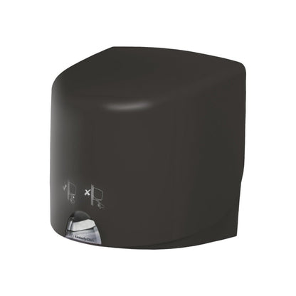 Een grijze Aquarius™ doekjesdispenser - Roll Control van Kimberly-Clark GmbH staat voor een witte achtergrond, met een klein venster met zichtbaar papieren handdoekje en een eenvoudige gebruiksaanwijzing aan de voorkant, ontworpen voor professioneel gebruik.