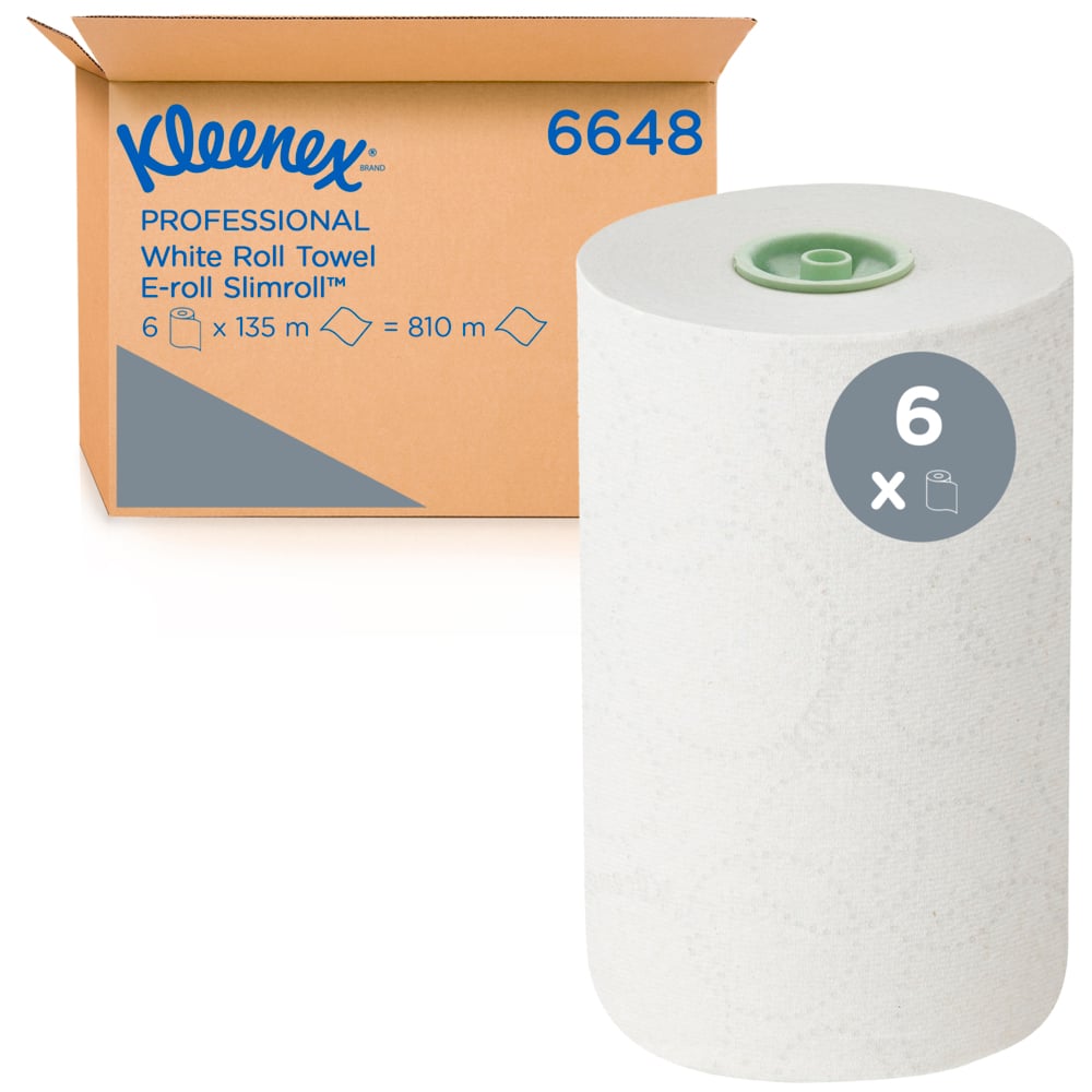 Ein Karton mit der Aufschrift "Kleenex® Rollenhandtücher - E-roll Slimroll™ Weiß 1-ply" der Kimberly-Clark GmbH ist neben einer großen weißen Rolle mit grünem Kern abgebildet; ein "6x"-Symbol zeigt an, dass der Karton 6 Rollen zu je 135 m enthält.