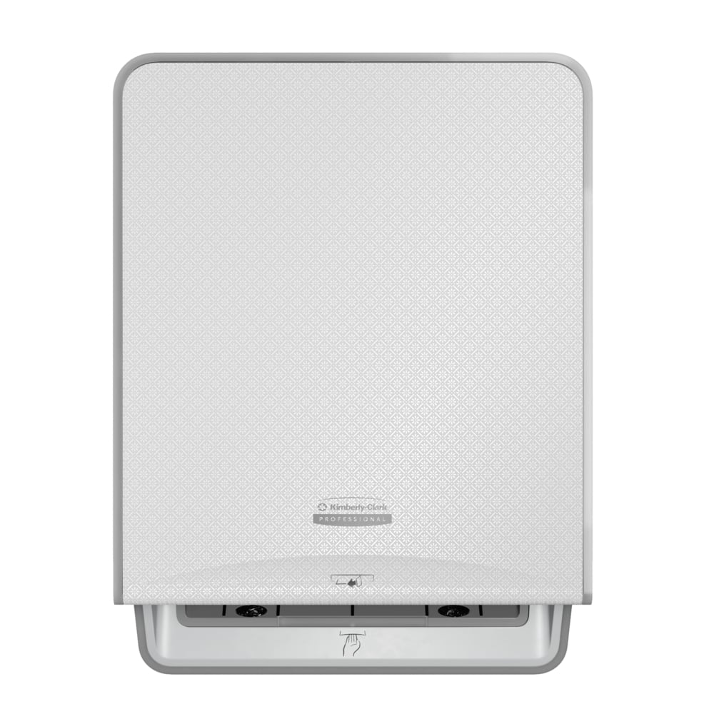 Der Kimberly-Clark Professional™ Icon™ Electronic Rolled Handtuchspender in weiß von Kimberly-Clark GmbH zeichnet sich durch berührungslose Bedienung, eine dezente Struktur und einen Schlitz mit Hand-Symbol für hygienisches Händetrocknen aus.