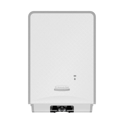 Ein weißer Kimberly-Clark Professional™ Icon™ elektronischer Hautpflegespender (1,2 l) mit berührungsloser Abgabe im White Mosaic Design - ideal für hygienische Handpflege in öffentlichen Bereichen.