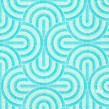 Ein tealfarbenes und hellblaues geometrisches Muster mit Halbkreisen ziert die Duni GmbH Breeze Mint Blue Servietten 33x33 cm (250 Stück); "DUNI" steht in kleinen Buchstaben unten rechts.