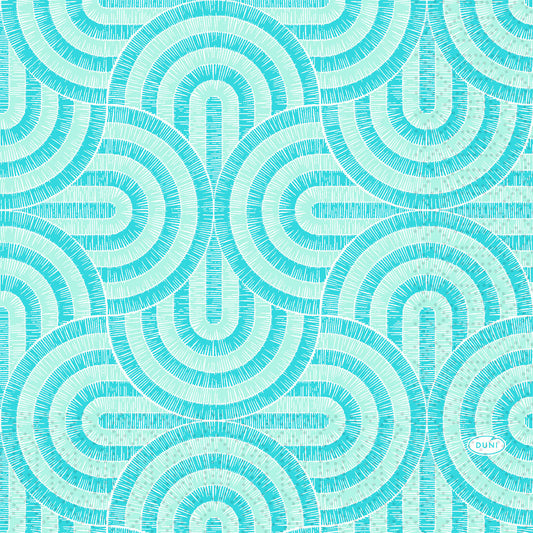 Ein tealfarbenes und hellblaues geometrisches Muster mit Halbkreisen ziert die Duni GmbH Breeze Mint Blue Servietten 33x33 cm (250 Stück); "DUNI" steht in kleinen Buchstaben unten rechts.