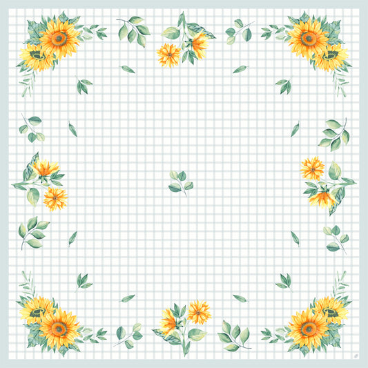 Das Dunicel-Mitteld.84x84 Sunflower day 20P. von Duni GmbH hat einen gitterförmigen Hintergrund mit gelben Sonnenblumen und grünen Blättern am Rand, die Ihrem Tisch einen festlichen Touch verleihen. Die Packung enthält 20 dekorative Tücher.