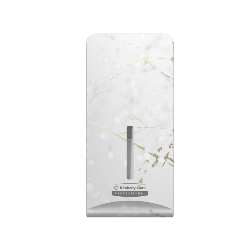 De Kimberly-Clark Professional™ Icon™ Dispenser Faceplate - FTT van Kimberly-Clark GmbH (27,80 x 13,10 x 1,40 cm) kenmerkt zich door een subtiel marmontwerp en een verticaal kijkvenster dat perfect in elk toiletruimte-interieur past.