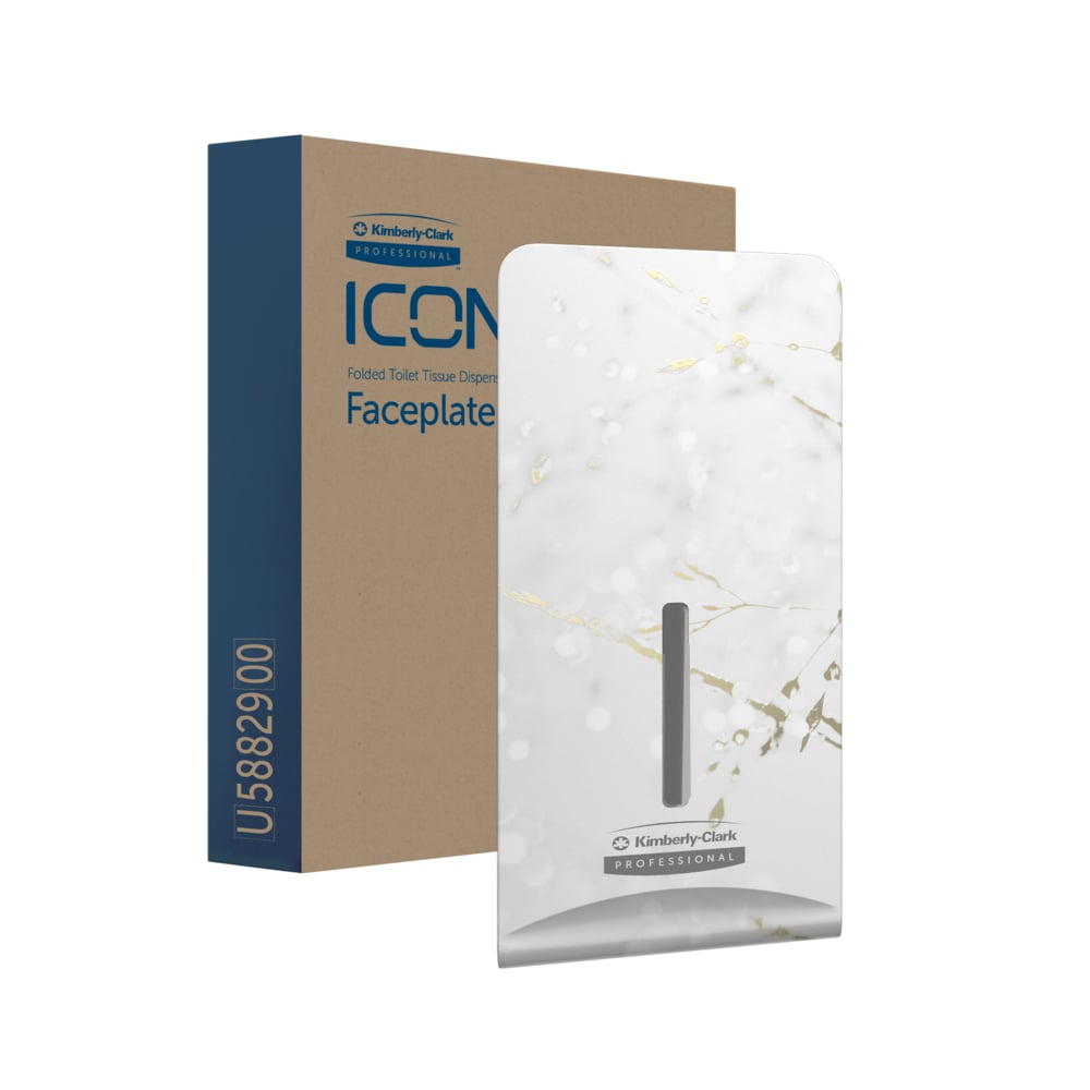 Een rechthoekige doos met het opschrift "Kimberly-Clark Professional™ Icon™ Dispenser Faceplate - FTT, 27,80 cm x 13,10 cm x 1,40 cm" staat achter een wit-goud gemarmerde faceplate met gleuf, beide handelsmerken van Kimberly-Clark GmbH - perfect voor moderne toiletruimtes.