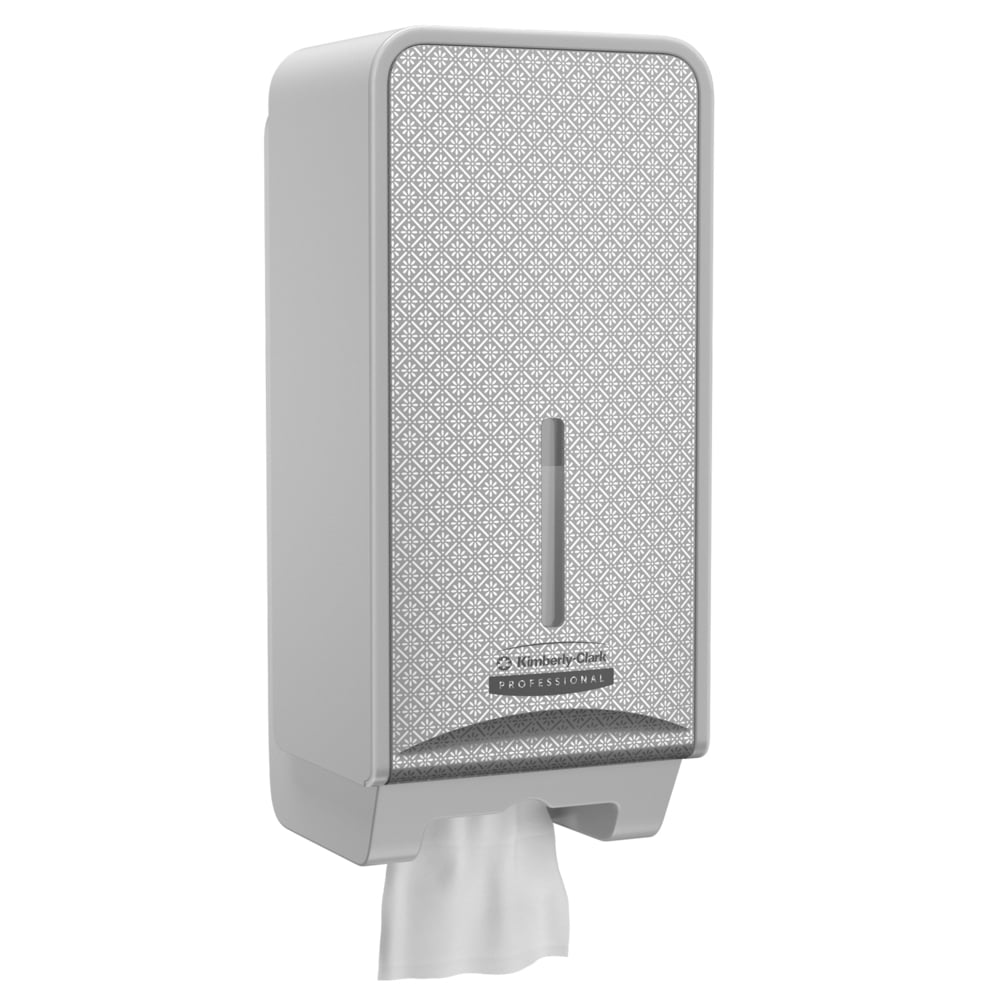 Der Kimberly-Clark Professional™ Icon™ Toilettenpapierspender (gefaltet, 32x14,5x13,8 cm) von Kimberly-Clark GmbH verfügt über eine gemusterte Vorderseite, ein transparentes Fenster und spendet einzelne Blätter - ideal für jeden Waschraum.