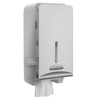 De Kimberly-Clark Professional™ Icon™ Dispenser Faceplate - FTT van Kimberly-Clark GmbH (27,80 cm x 13,10 cm x 1,40 cm) heeft een gemarmerde voorkant, een gleuf voor de papierstand, een handdoekdispenser en het opschrift "Chassis niet inbegrepen". Ideaal voor hoogwaardige toiletruimte-inrichtingen.