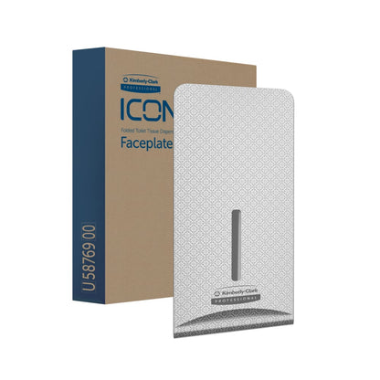 Een gemarmerde grijze Kimberly-Clark Professional™ Icon™ Dispenser Faceplate - FTT (27,80 x 13,10 x 1,40 cm) van Kimberly-Clark GmbH staat voor zijn verpakking met het opschrift "ICON Folded Toilet Tissue Dispenser Faceplate" en past perfect bij elke toiletruimte-inrichting.