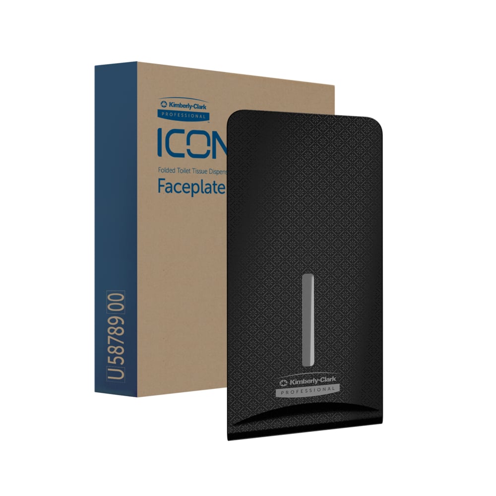 Eine schwarze Kimberly-Clark Professional™ Icon™ Dispenser Faceplate - FTT (27,80 x 13,10 x 1,40 cm) der Kimberly-Clark GmbH ist vor der braun-blauen Verpackung mit der Aufschrift "Folded Toilet Tissue Dispenser Faceplate" zu sehen, die ideal für moderne Waschräume ist.