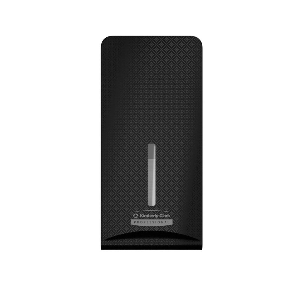 De Kimberly-Clark Professional™ Icon™ Dispenser Faceplate - FTT (27,80 x 13,10 x 1,40 cm) van Kimberly-Clark GmbH kenmerkt zich door een gestructureerd zwart ontwerp met een verticaal venster, ideaal voor moderne toiletruimtes, geïsoleerd op wit weergegeven.