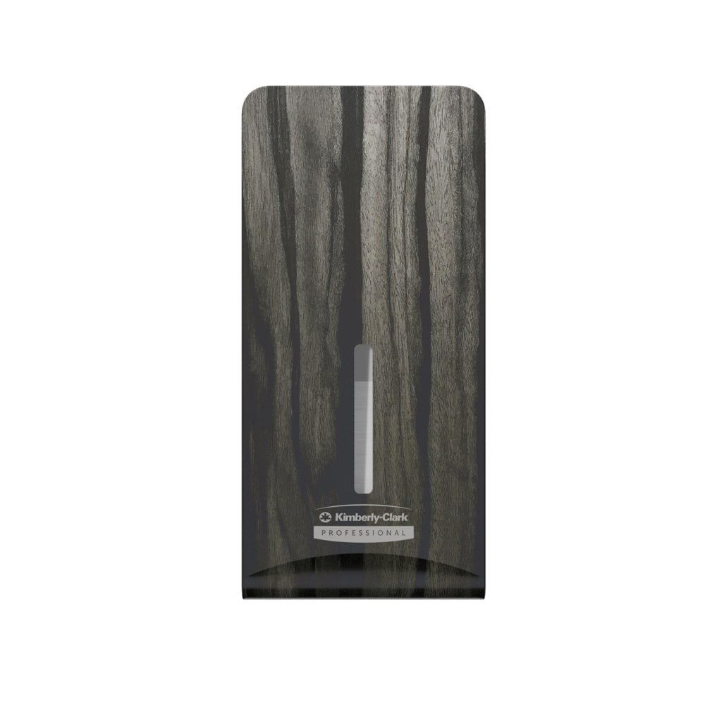 De Kimberly-Clark GmbH Professional™ Icon™ Dispenser Faceplate - FTT (27,80 x 13,10 x 1,40 cm) kenmerkt zich door een donker houtnerfontwerp met een verticaal venster, ideaal voor moderne toiletruimtes en afgebeeld op een witte achtergrond.