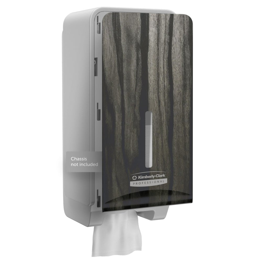 Kimberly-Clark Professional™ Icon™ Dispenser Faceplate (FTT, 27,80 x 13,10 x 1,40 cm) van Kimberly-Clark GmbH, in donker, halftransparant ontwerp met witte handdoek, ideaal voor moderne toiletruimtes. Opmerkingen over het etiket: Onderstel niet inbegrepen.