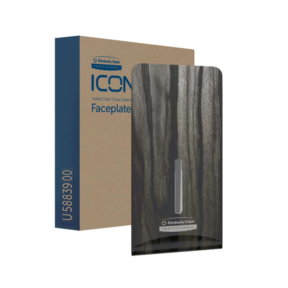 Een bruine doos met het opschrift "Kimberly-Clark Professional™ Icon™ Dispenser Faceplate - FTT" staat naast een donkere, houtgestructureerde faceplate (27,80 x 13,10 x 1,40 cm) met het logo van Kimberly-Clark GmbH - ideaal voor modern toiletruimteontwerp.