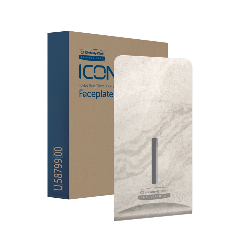 De Kimberly-Clark Professional™ Icon™ Dispenser Faceplate - FTT (27,80 x 13,10 x 1,40 cm) van Kimberly-Clark GmbH in beige marmer is afgebeeld met zijn bruine en blauwe verpakking en past ideaal bij moderne toiletruimte-inrichtingen.