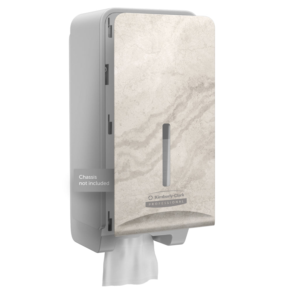De Kimberly-Clark Professional™ Icon™ Dispenser Faceplate - FTT van Kimberly-Clark GmbH heeft een beige gemarmerde voorkant, een verticaal venster en een etiket met de tekst "Chassis niet inbegrepen" - perfect voor een modern toiletruimteontwerp. Afmetingen: 27,80 x 13,10 x 1,40 cm.