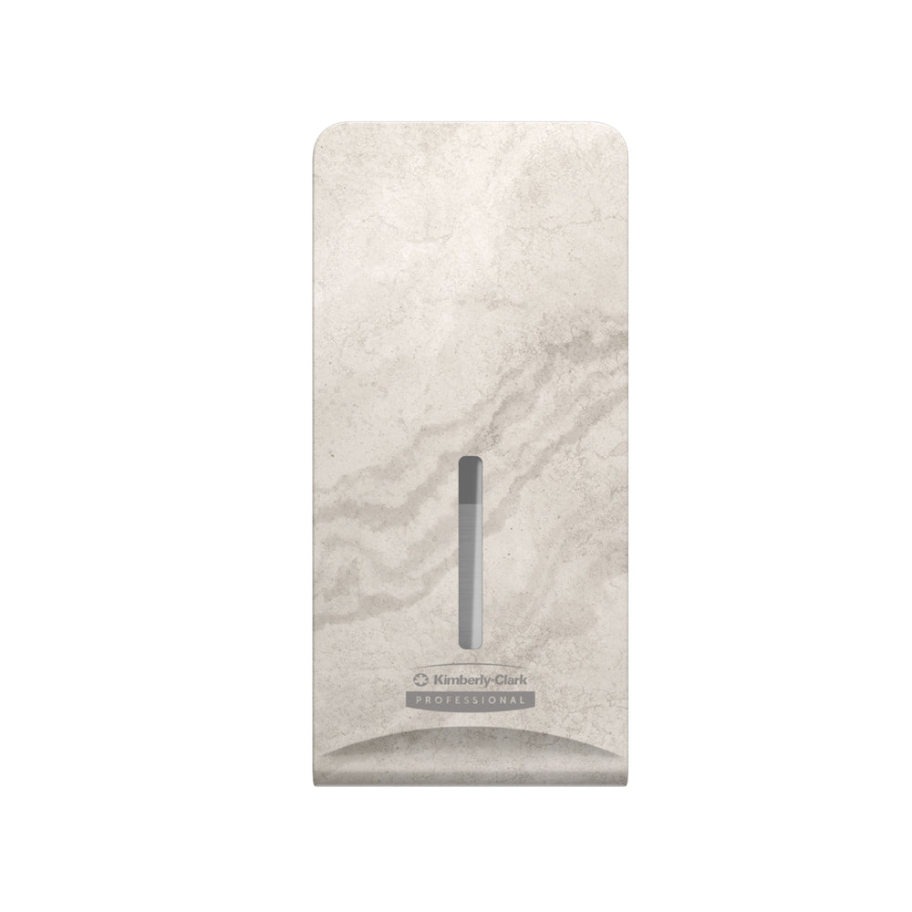 De Kimberly-Clark Professional™ Icon™ Dispenser Faceplate - FTT (27,80 x 13,10 x 1,40 cm) van Kimberly-Clark GmbH heeft een lichtgrijs marmormotief en een verticaal venster, ideaal voor moderne toiletruimtes en compatibel met meerdere dispenserunits.