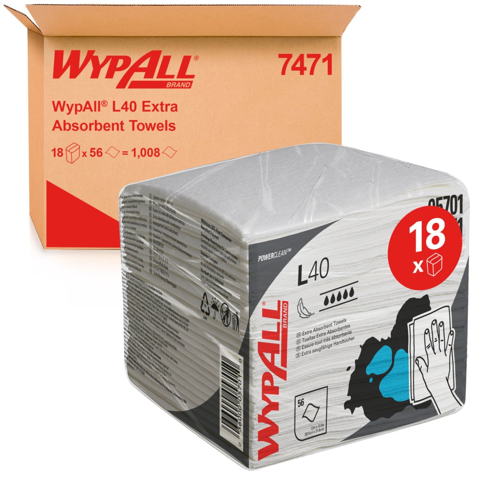 Een verpakking Kimberly-Clark WypAll® L40 PowerClean doeken, wit, kwartgevouwen (18 x 56 doeken per doos), afgebeeld voor een verzenddoos met productdetails zoals "7471" en "18 x 56 = 1.008".