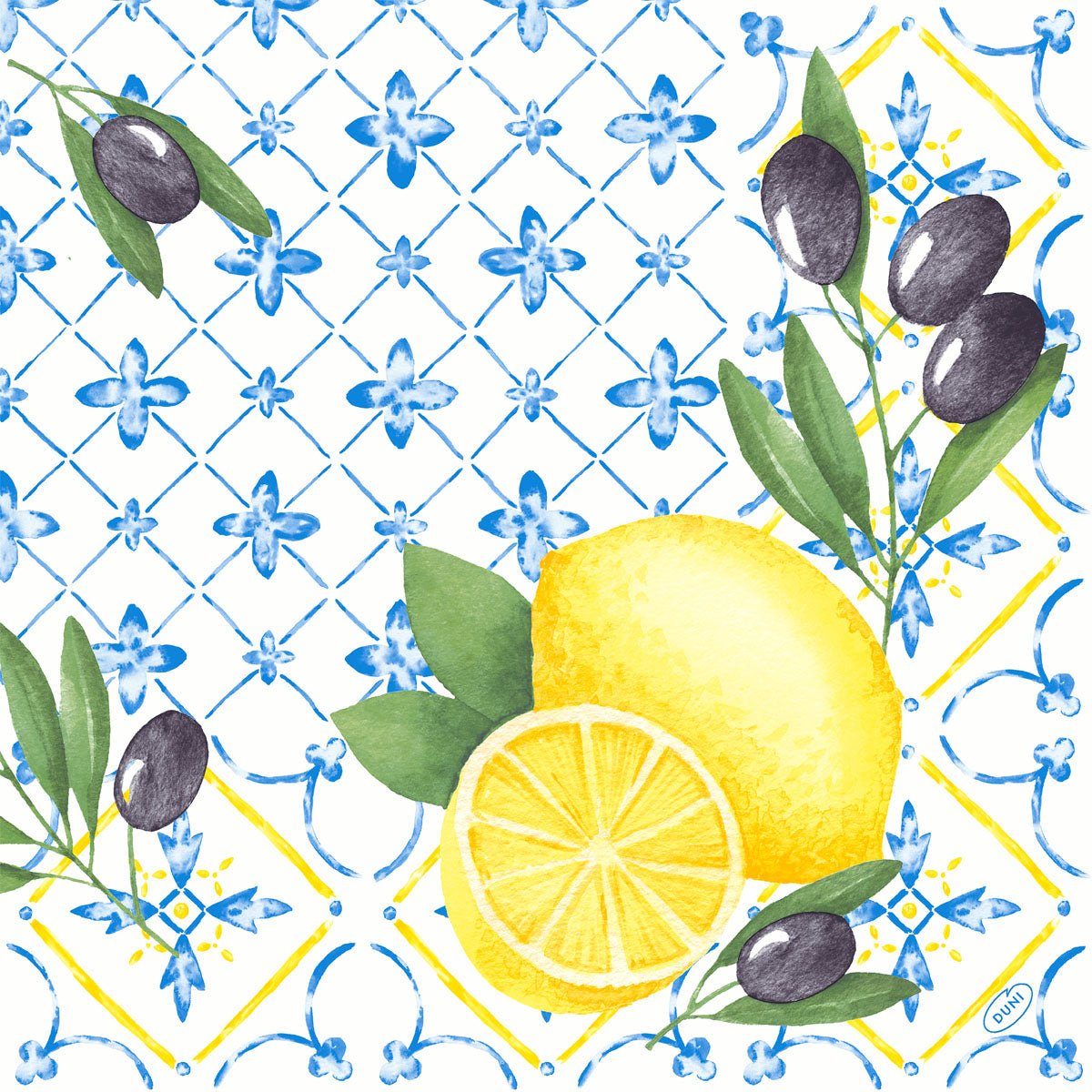 Aquarelillustratie van citroenen, olijven en blauw-witte florale geometrische tegels op Duni GmbH Klassieke servetten 40 x 40 cm, 4-laags, reliëf, 1/4 vouw.