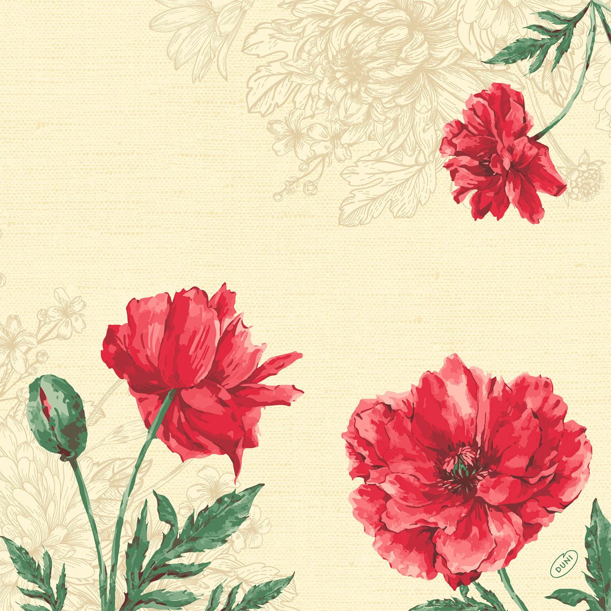 Illustratie van drie rode klaprozen met groene bladeren en een knop op beige met subtiele florale hoeklijnen - ideaal voor Duni GmbH Klassieke servetten 40 x 40 cm 4-laags, reliëf 1/4 vouw.