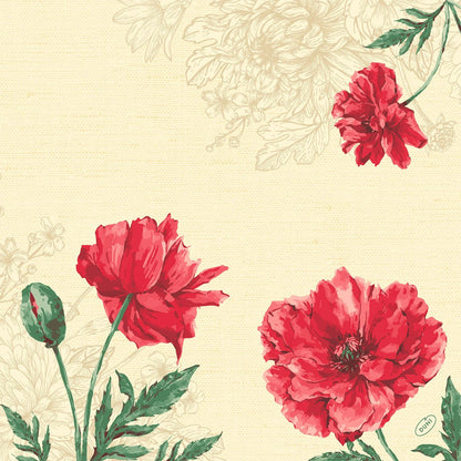 Illustratie van drie rode klaprozen met groene bladeren en een knop op beige met subtiele florale hoeklijnen - ideaal voor Duni GmbH Klassieke servetten 40 x 40 cm 4-laags, reliëf 1/4 vouw.