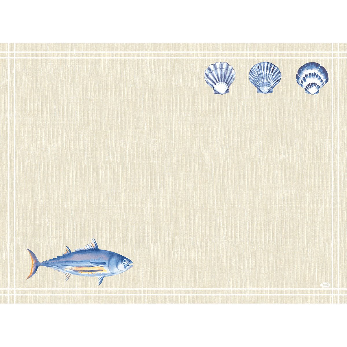 Een beige gestructureerde Dunicel-set (30x40 cm) van Duni GmbH in het ontwerp "Tide": dunne witte randen, blauwe vissen (linksonder), drie blauwe schelpen (rechtsboven). Ideaal voor de feestelijke tafeldecoratie. Het midden blijft vrij. Verpakking met 100 stuks.