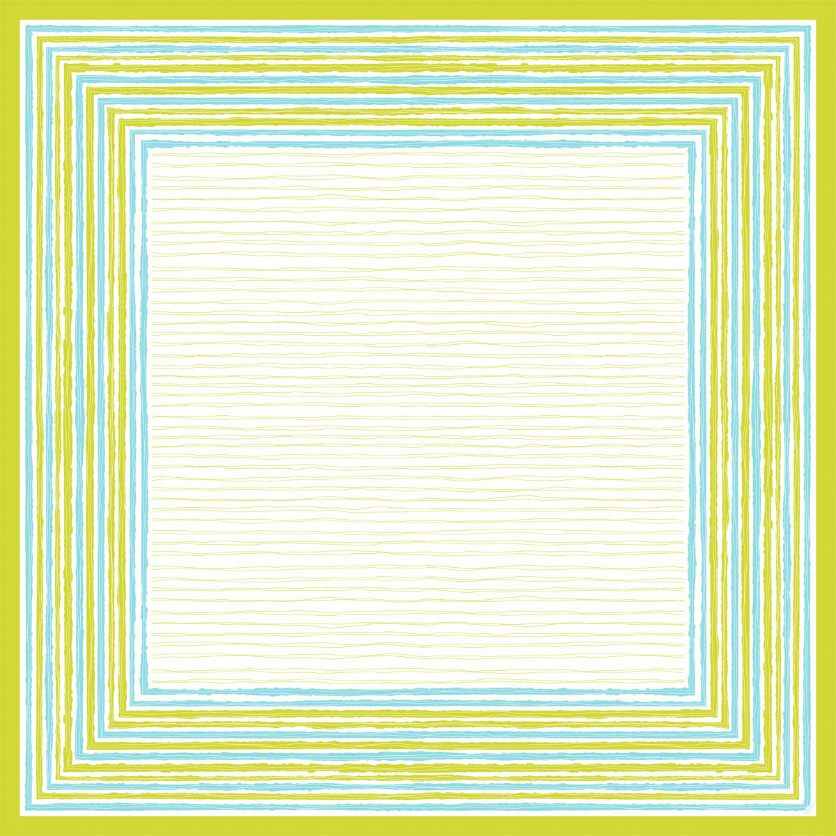 Die Dunicel Mitteldecke 84x84 cm Elise Stripes von Duni GmbH hat einen cremefarbenen Mittelpunkt, der von blauen, grünen und gelben Streifen im handgezeichneten Stil eingerahmt wird. Diese hochwertige Tischdecke (20er-Pack) bringt umweltfreundlichen Charme auf jeden gedeckten Tisch.