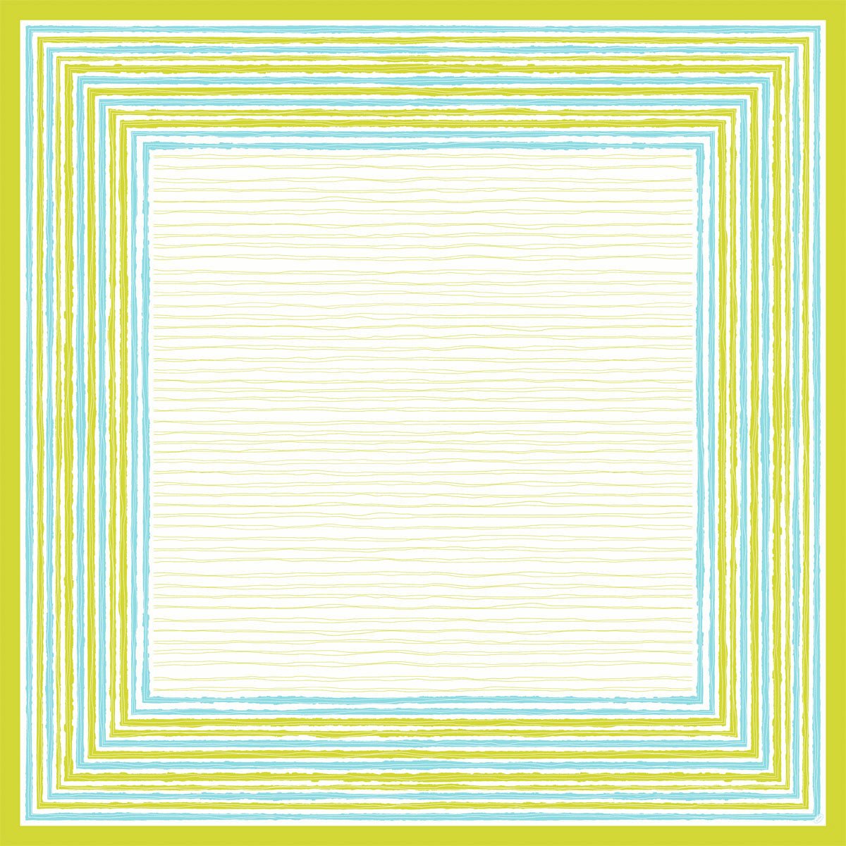 De Dunicel tafelloper 84x84 cm Elise Stripes van Duni GmbH kenmerkt zich door een stijlvolle rand van afwisselend blauwe, groene en gele strepen rond een crèmekleurige kern, die een elegante, gestructureerde uitstraling creëert. Verkrijgbaar in verpakkingen van 100 stuks.