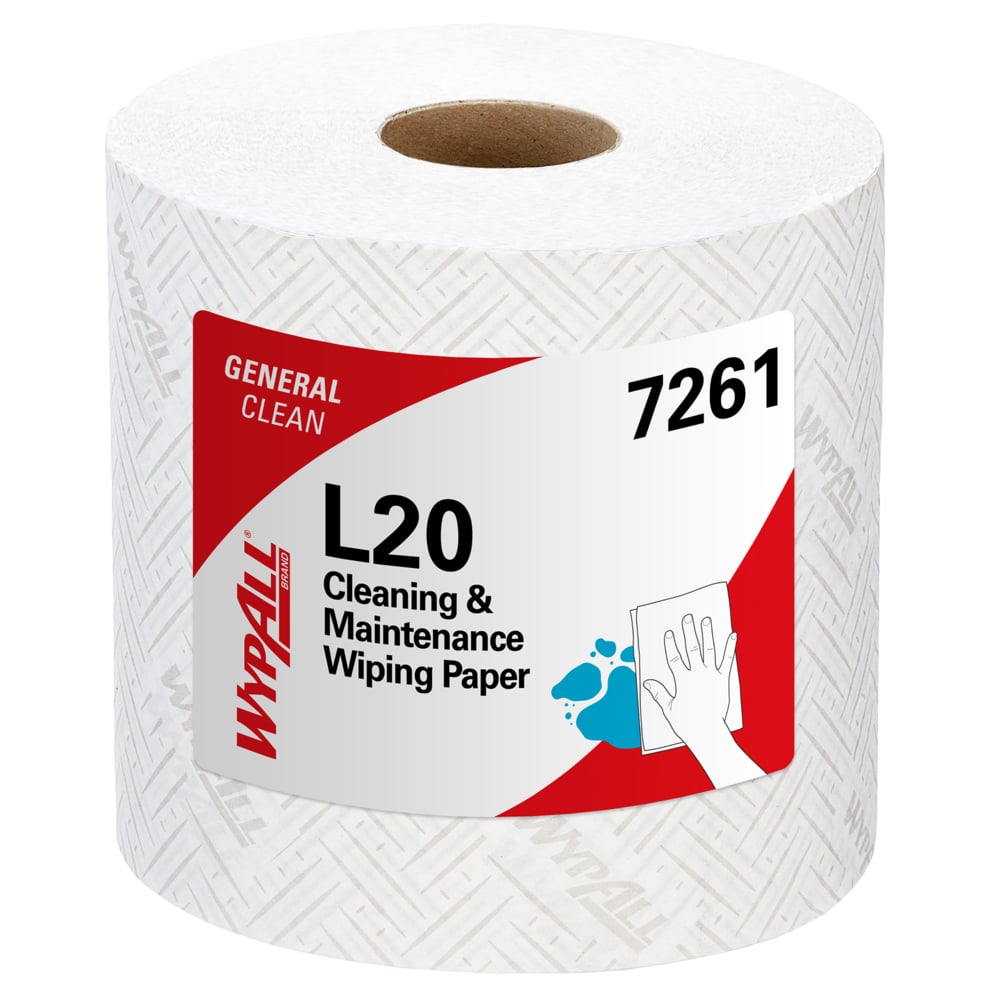 Eine Rolle WypAll® L20 Papierwischtuch, 2-lagig, weiß, von Kimberly-Clark GmbH (6 x 550 Blatt), ideal für die zentrale Entnahme, zeigt ein weißes Etikett mit rot/blauen Akzenten und einer Handwisch-Illustration.