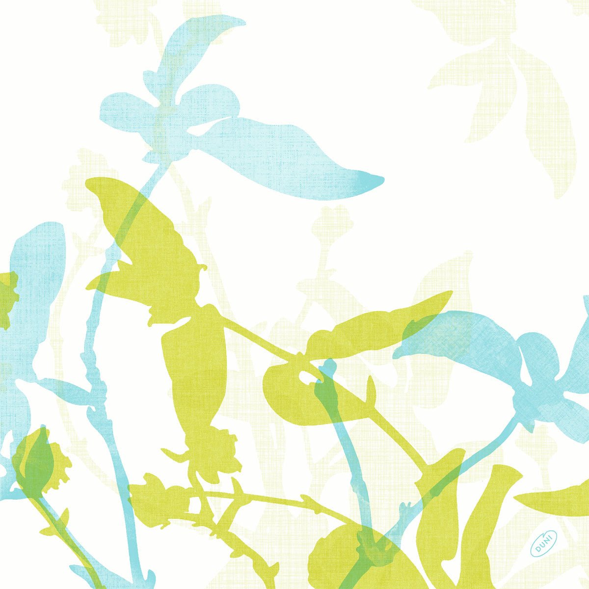 Een digitale illustratie van overlappende lichtgroene en blauwe botanische silhouetten op wit siert de Duni GmbH Klassieke servetten 40 x 40 cm, 4-laags, reliëf met subtiel patroon en 1/4-vouw - perfect voor de elegant gedekte tafel.