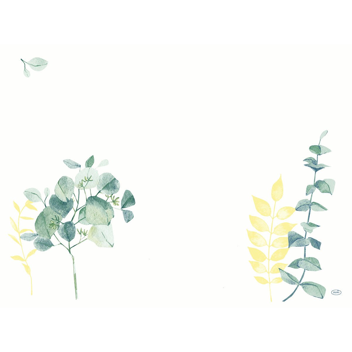 Een minimalistisch aquarelontwerp met groene en gele bladdecoraties accentueert de Dunicel-sets 30x40 cm Spire van Duni GmbH-100 premium tafeldecoratie, die ideaal is als tafeldecoratie voor elegante inrichtingen.