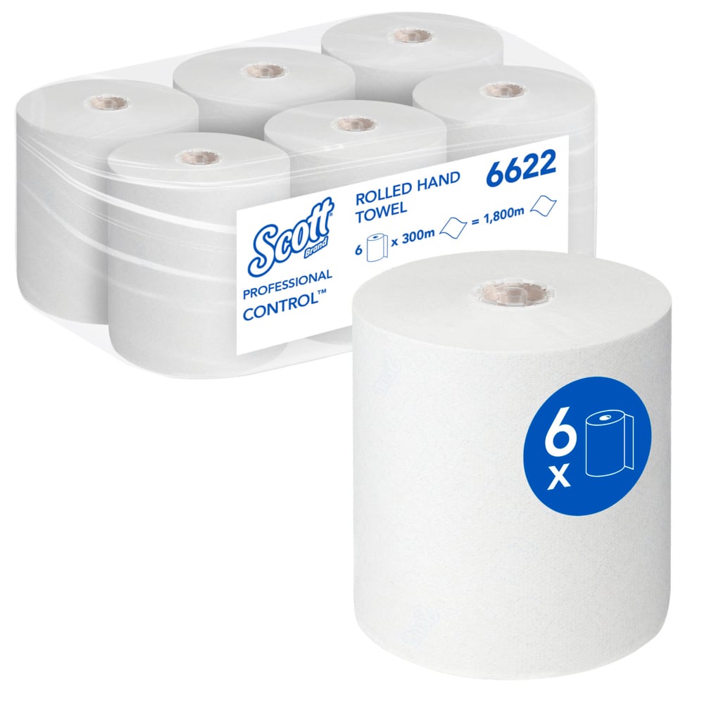 Een verpakking met zes Scott® Control™ handdoeken - rol / wit van Kimberly-Clark GmbH, met een rol aan de voorkant. Elke rol van 300m (code: 6622) biedt in totaal 1.800m voor efficiënt handen drogen.