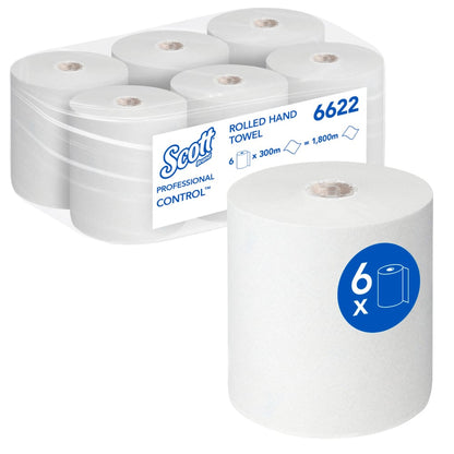 Een verpakking met zes Scott® Control™ handdoeken - rol / wit van Kimberly-Clark GmbH, met een rol aan de voorkant. Elke rol van 300m (code: 6622) biedt in totaal 1.800m voor efficiënt handen drogen.