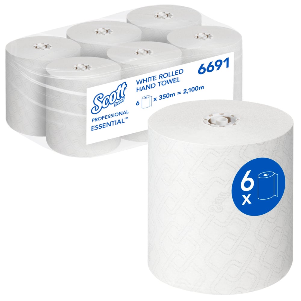Afgebeeld is een karton met zes Scott® Essential™ handdoeken - rol / wit (6 rollen) van Kimberly-Clark GmbH, met een rol aan de voorkant en een verpakking met merk- en productinformatie voor hygiënische handreiniging.