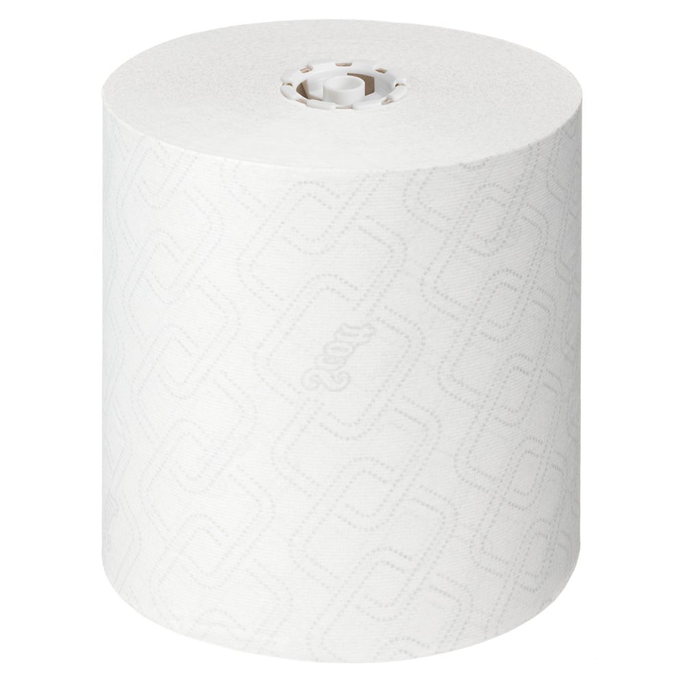 Een grote Scott® Essential™ handdoekrol in wit van Kimberly-Clark GmbH, afgebeeld van bovenaf op een witte achtergrond - perfect voor hygiënische handreiniging; 6 rollen x 1 vel in de doos.