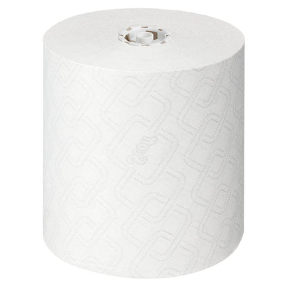 Een grote Scott® Essential™ handdoekrol in wit van Kimberly-Clark GmbH, afgebeeld van bovenaf op een witte achtergrond - perfect voor hygiënische handreiniging; 6 rollen x 1 vel in de doos.