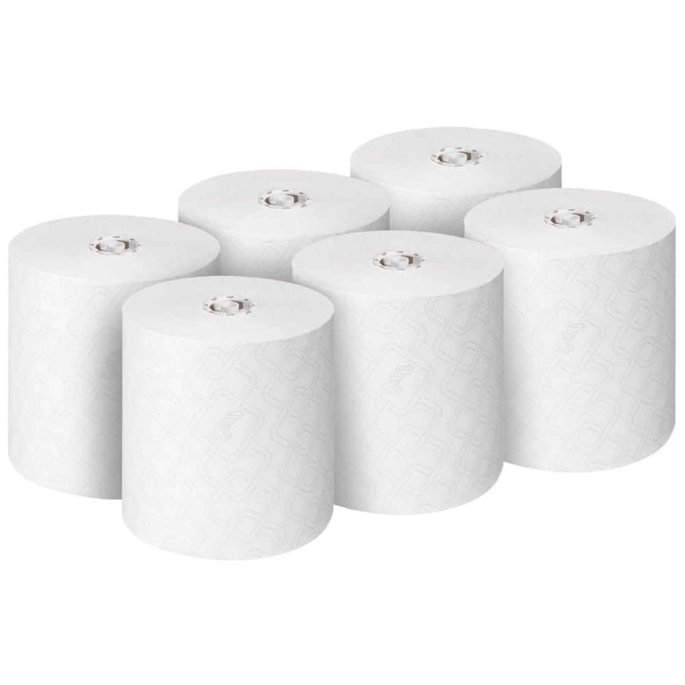 Zes Scott® Essential™ handdoekrollen (wit), van Kimberly-Clark GmbH, zijn in twee rijen van drie op een witte achtergrond gerangschikt. Elke van de 6 rollen in de doos is ideaal voor hygiënische handreiniging.