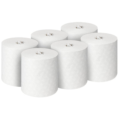 Zes Scott® Essential™ handdoekrollen (wit), van Kimberly-Clark GmbH, zijn in twee rijen van drie op een witte achtergrond gerangschikt. Elke van de 6 rollen in de doos is ideaal voor hygiënische handreiniging.