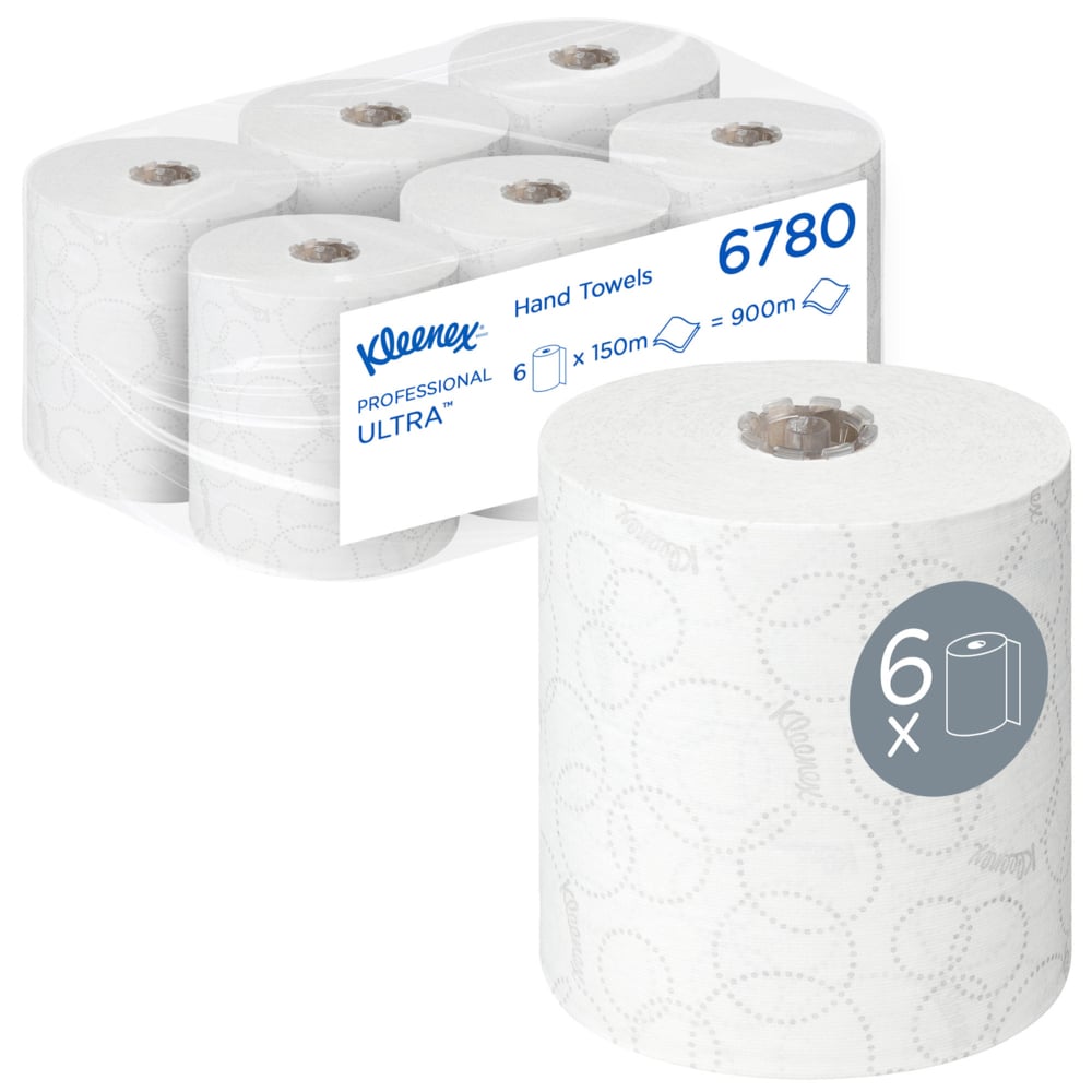 Kimberly-Clark GmbH Kleenex® ULTRA™ Handdoeken - 6 rollen van 150 m, hygiënisch individueel verpakt - in totaal 900 m witte papieren handdoeken in een doos.
