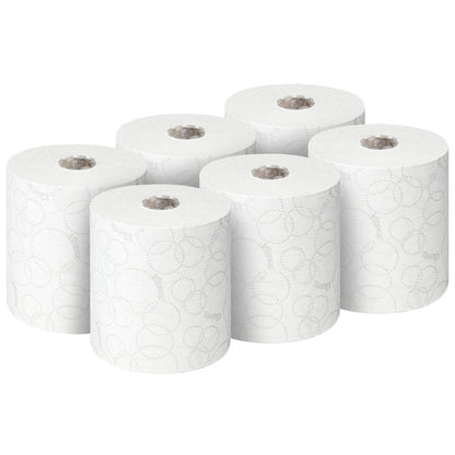 Zes rollen Kleenex® ULTRA™ handdoeken, elk 150m, van Kimberly-Clark GmbH zijn afgebeeld op een effen witte achtergrond - ideaal voor hygiënisch handen drogen. Elke verpakking bevat 6 witte rollen.
