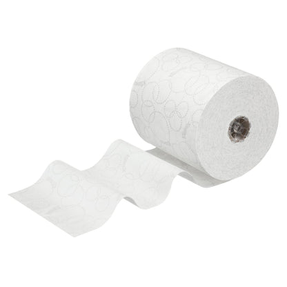 Een gedeeltelijk afgerolde witte toiletpapierrol toont geperforeerde vellen en een subtiel patroon - perfect voor hygiënisch handen drogen, vergelijkbaar met de Kleenex® ULTRA™ handdoeken rol 150m (6 rollen) van Kimberly-Clark GmbH.