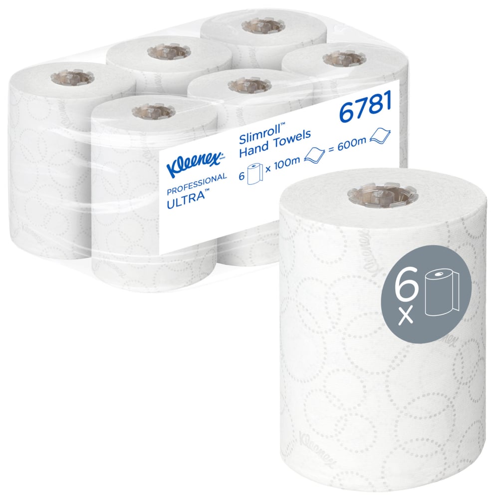 Een doos met 6 Kleenex® Ultra™ Slimroll™ handdoeken van Kimberly-Clark GmbH, elke witte rol 100m, ideaal voor smalle dispensersystemen. Een rol is apart afgebeeld met een "6x" en rol symbool op het etiket.
